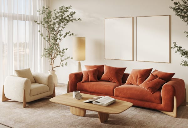 Living room with red sofa to rent an apartment in Paris