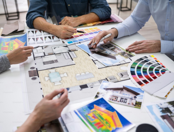 L'équipe de l'agence en train de préparer la rénovation et l'ameublement